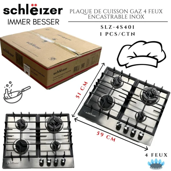 Plaque de Cuisson à Gaz 4 Feux Encastrable Inox – Schleizer SLZ-4S401 Plaque de Cuisson à Gaz 4 Feux Encastrable Inox – Schleizer SLZ-4S401