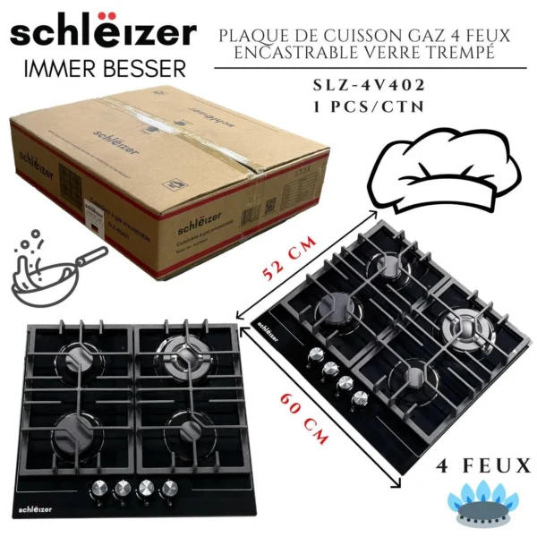 Plaque de Cuisson Gaz Encastrable Schleizer – 4 Feux Verre Trempé (60 cm)