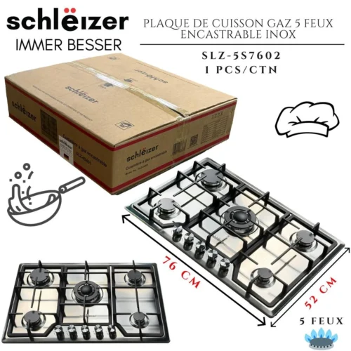 Plaque de Cuisson Gaz Encastrable Schleizer – 5 Feux Inox (76 cm)