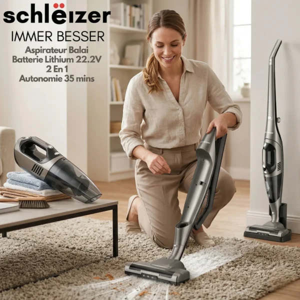 cleaning lady Aspirateur Balai Sans Fil Schleizer 2 en 1 – Batterie Lithium 22.2V
